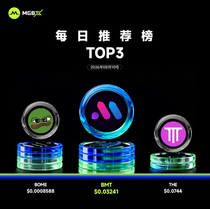 A promotional graphic from MGBX showing the "每日推荐榜 TOP3" (Daily Recommendation Top 3) for August 10, 2026, featuring three featured coins on glowing pedestals: BOME at $0.0008588, BMT at $0.03241 (highlighted as the top pick), and THE at $0.0744, with a call-to-action directing viewers to register at mgbx.com.
