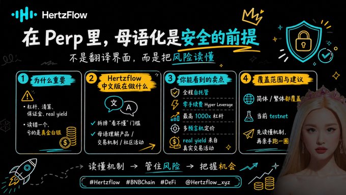 HertzFlow promotional graphic in Chinese explaining the importance of localization for safety in Perp trading, covering topics like self-translation, leverage up to 1000x, real yield, and multi-language support.