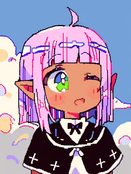 A pixel art style illustration of a pink-haired elf-like anime character with one large blue and green eye, wearing a black outfit with cross details.