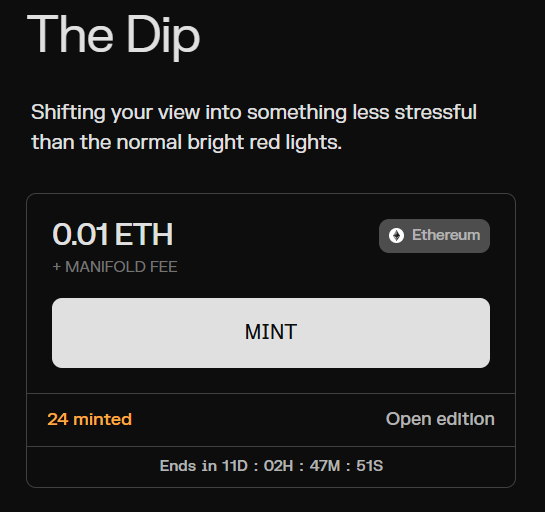 A screenshot of an NFT minting page on Manifold titled "The Dip," priced at 0.01 ETH on Ethereum, showing 24 minted and the open edition ending in 11 days. It ties to the "wen mint?" post by confirming the mint is currently live for those looking to participate.