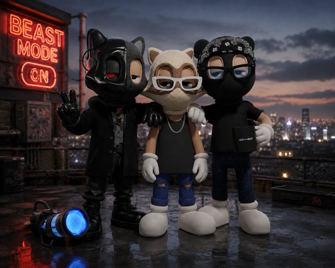 Three anthropomorphic cartoon characters (a panther, a fox in glasses, and a bear with a bandana) posing on a rooftop at dusk under a 'BEAST MODE ON' neon sign.