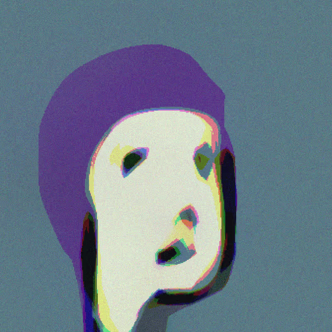 A stylized, glitchy digital illustration of a figure with a purple hood or hair and a white face in profile against a blue-gray background.