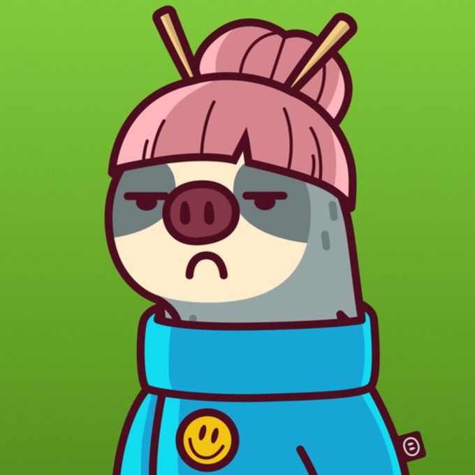 Cartoon illustration of a grumpy-looking sloth character wearing a pink beanie and a blue hoodie with a smiley face badge against a solid green background.
