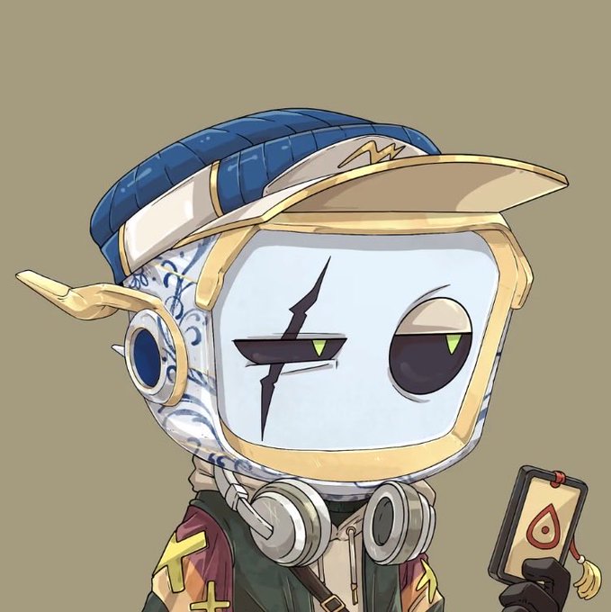 A stylized anime-like character with a white and gold helmet or headpiece, featuring a blue cap and a serious expression, holding what appears to be a small card or talisman.