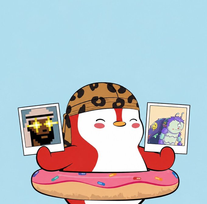 A cartoon penguin character wearing a leopard-print bandana and floating in a pink frosted donut inner tube, holding up two polaroid photos featuring pixel and animated characters.