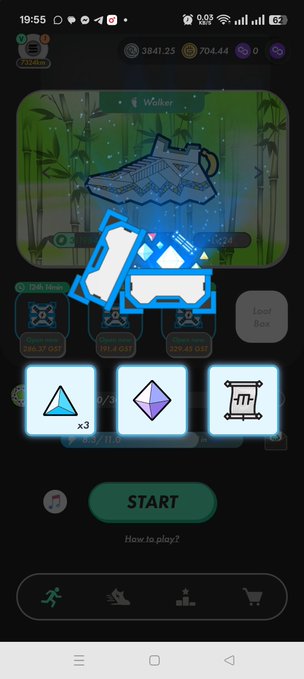 A mobile game screen showing a loot box interface with three reward tiles including a triangle x3, purple gem, and chest icon, with a START button below.