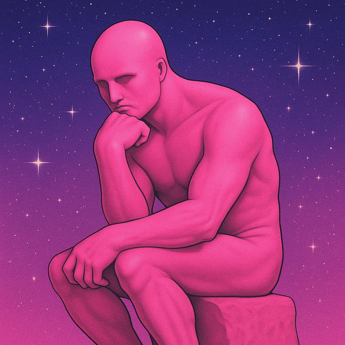 A pink-toned digital illustration of a bald, muscular humanoid figure in the classic 'thinker' pose, resting his chin on his fist while sitting against a starry purple and blue cosmic background.