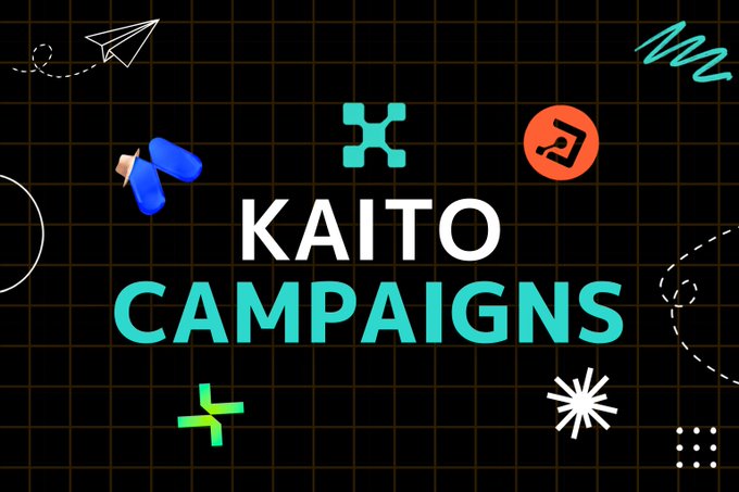 A promotional graphic with a black grid background displaying 'KAITO CAMPAIGNS' in white and teal text, decorated with various colorful icons.