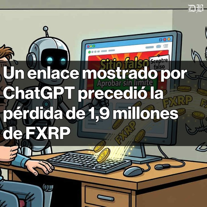 An illustrated graphic in Spanish with the text 'Un enlace mostrado por ChatGPT precedió la pérdida de 1,9 millones de F XRP,' showing a robot at a computer displaying a fake XRP website.