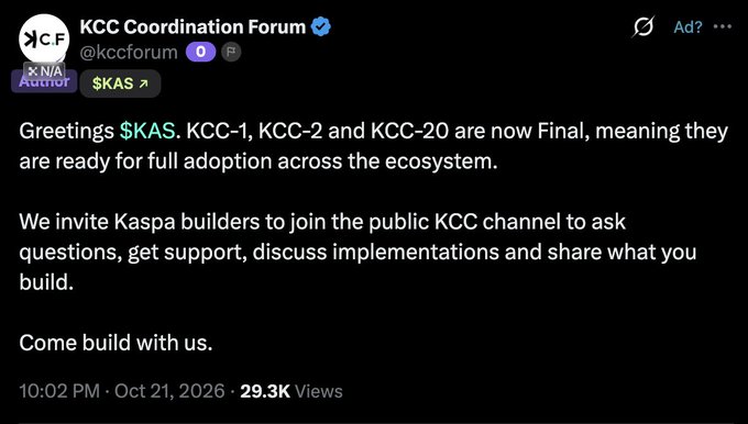 Twitter/X post from KCC Coordination Forum (@kccforum) dated October 21, 2026, announcing that KCC-1, KCC-2, and KCC-20 are now final and ready for adoption, inviting Kaspa builders to join the public KCC channel.