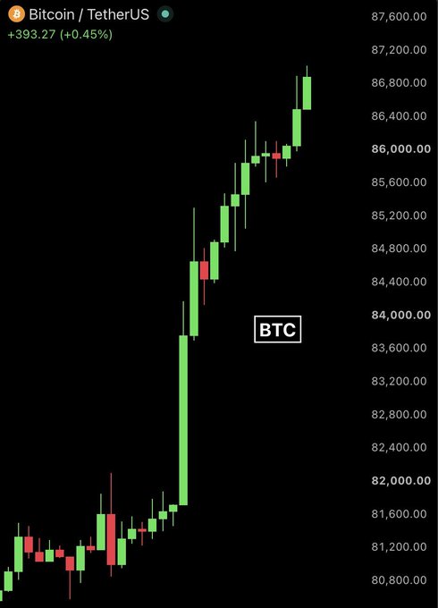 A candlestick chart shows Bitcoin/TetherUS (BTC) trading at $87,600 with a +393.27 (+0.45%) gain, displaying an upward price trend from around $80,800 to $87,600.