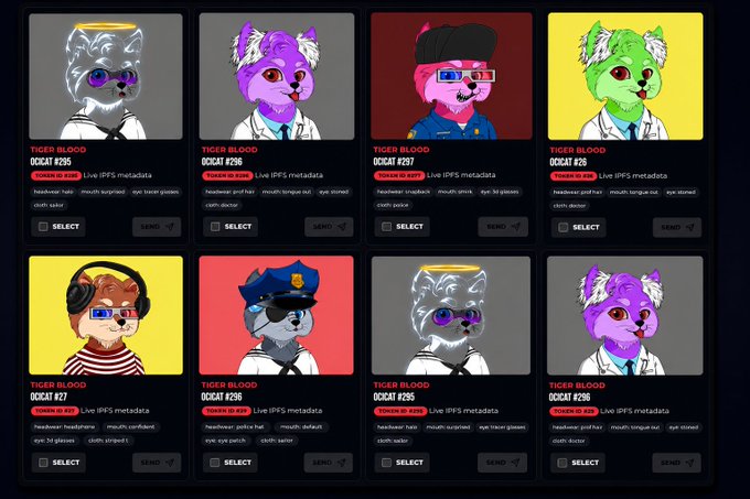 An NFT marketplace displaying eight TIGER 'OCAT' token avatars (#295–#299) for sale, each with Live IPFS metadata, varying rarity tags (common, legendary, epic), attributes like headwear and clothing, and SELECT/SEND buttons.