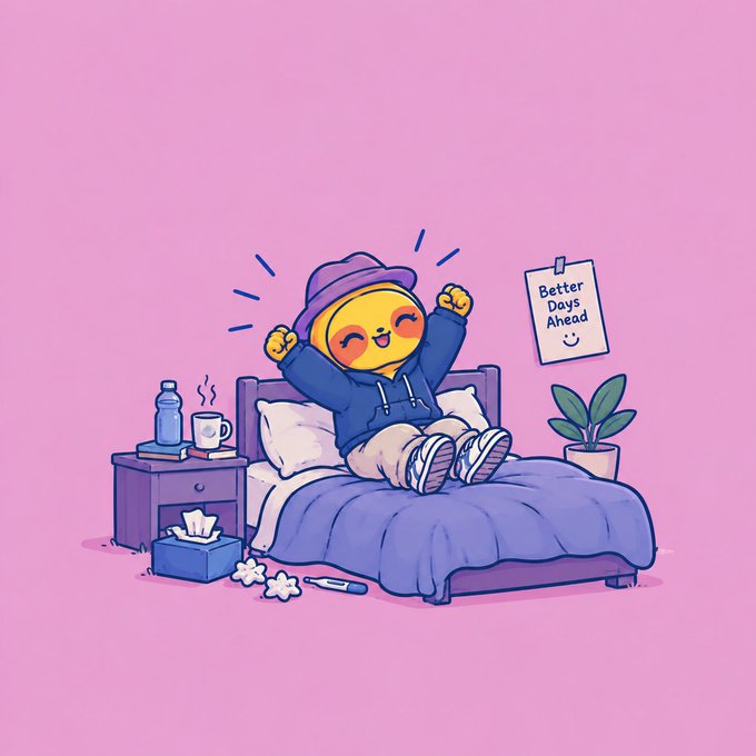 A cheerful cartoon character in a blue hoodie and purple hat stretches while sitting on a bed, with a wall note reading 'Better Days Ahead'.