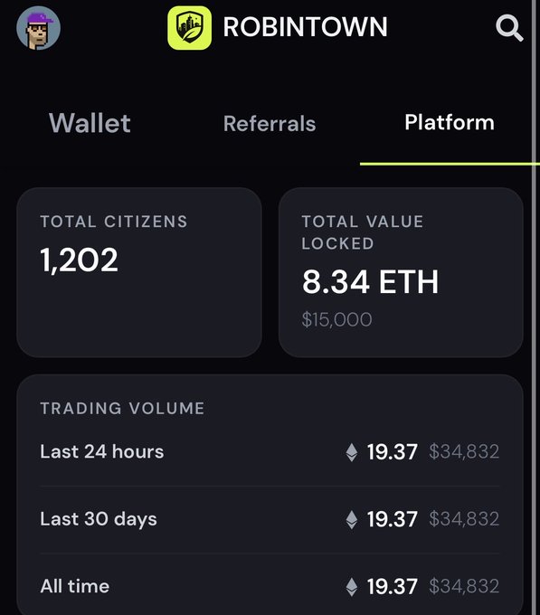 A screenshot of the 'ROBINTOWN' platform's statistics page, showing 'TOTAL CITIZENS 1,202' and 'TOTAL VALUE LOCKED 8.34 ETH' under the 'Platform' tab.