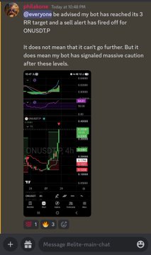 A Discord chat from user "piDulations" posts that their bot has reached its 3 RR target and fired a sell alert for the ONUSDT cryptocurrency pair, noting it doesn't guarantee further movement but advising caution. The accompanying post highlights the bot's automated trading capabilities, with the image showing a TradingView chart of ONUSDT with an active sell signal on the 4-hour timeframe.