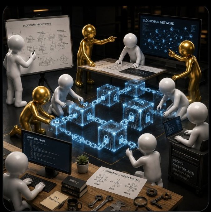 A 3D illustration of small white and gold figures collaborating around a glowing blue blockchain network, with screens displaying 'BLOCKCHAIN ARCHITECTURE', 'BLOCKCHAIN NETWORK', 'SMART CONTRACT', and 'CONSENSUS MECHANISMS'.