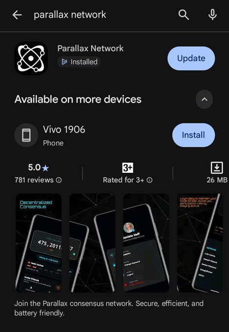 Google Play Store listing for 'Parallax Network' app, marked as 'Installed' with an 'Update' button, showing 5.0 stars (781 reviews), rated for 3+, 26 MB size, and the tagline 'Join the Parallax consensus network. Secure, efficient, and battery friendly.'