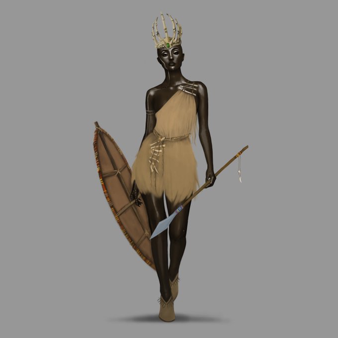 A digital illustration of a dark-skinned female warrior wearing a bone headdress, a tan fur garment, and holding a wooden shield and spear against a gray background.