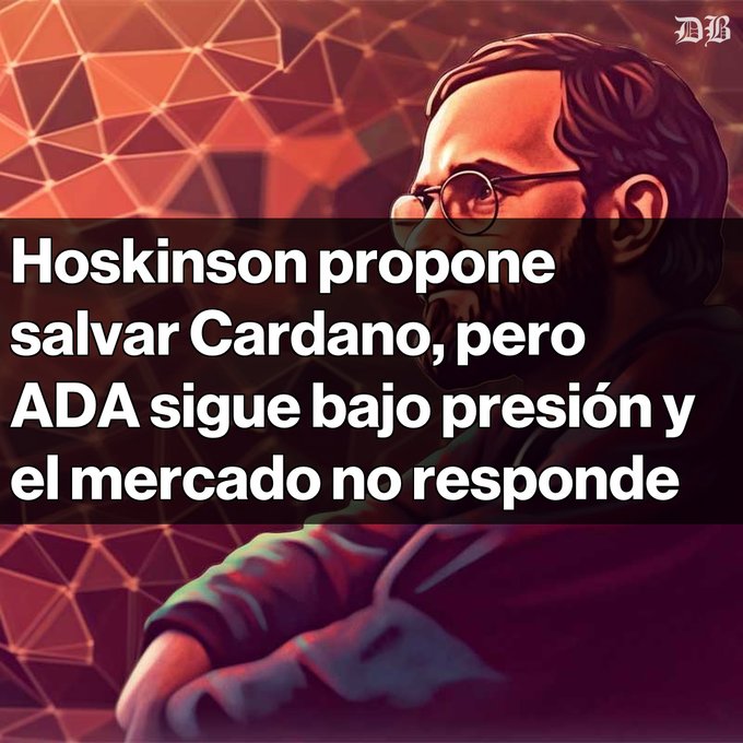 The image features a man with glasses, possibly Charles Hoskinson, sitting down and looking off into the distance. The text above him reads "Hoskinson propone salvar Cardano, pero ADA signe bajo presención y el mercado no responda". This quote is attributed to Charles Hoskinson, who is known for his work in the field of technology and data privacy. The image also includes a link that says "CDB", which could be an article or a webpage related to the topic being discussed.