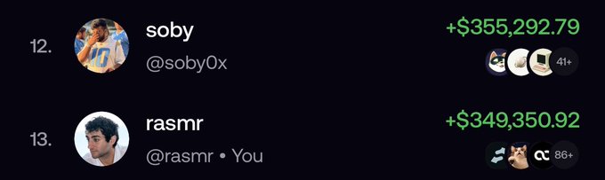 A leaderboard showing two ranked users: 'soby' (@soby0x) at #12 with earnings of +$355,292.79, and 'rasmr' (@rasmr, marked as 'You') at #13 with earnings of +$349,350.92.