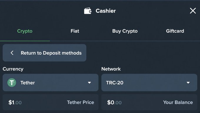 A digital cashier interface displays tabs for Crypto, Fiat, Buy Crypto, and Giftcard, with Tether selected as the currency on the TRC-20 network, showing a Tether Price of $1.00 and a Your Balance of $0.00.