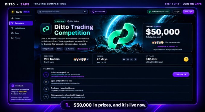 Promotional page for the 'Ditto Trading Competition' on Zaps, featuring a $50,000 total prize pool, 299 registered traders, and a 28-day competition period on the Hyperliquid ecosystem.