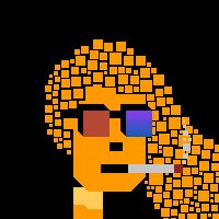 A pixel art character with orange and yellow tiled features wearing red and blue 3D glasses against a black background.