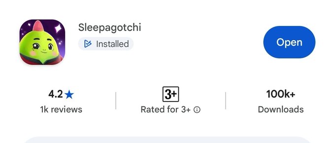 Google Play Store listing for the app 'Sleepagotchi', showing an installed status with a 4.2 star rating from 1k reviews, a 3+ age rating, and 100k+ downloads.