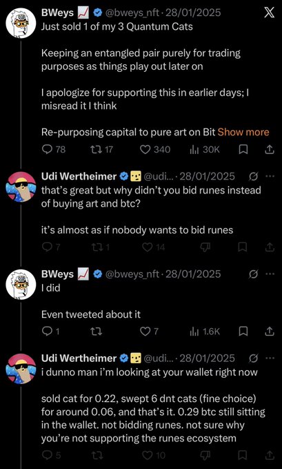 A Twitter/X conversation between users 'BWeys' (@bweys_nft) and 'Udi Wertheimer' (@udi...) discussing selling Quantum Cats NFTs, Bitcoin, and runes trading.