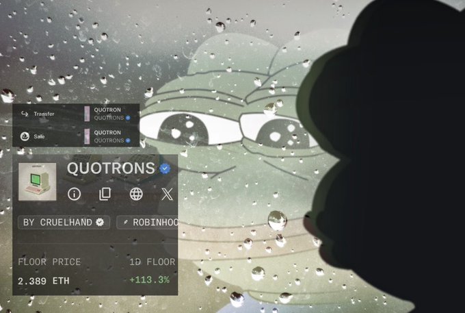 The image shows an NFT marketplace listing for "QUOTRONS" by RobinHoc with a floor price of 2.389 ETH (a 113.3% increase), displayed over a rainy window background with a Squidward-themed graphic and a shadowy figure on the right. The post conveys frustration about selling a Quotron NFT just before the floor price spiked dramatically, illustrating the "worst NFT timing" with the visible 113.3% gain that occurred shortly after their sale.