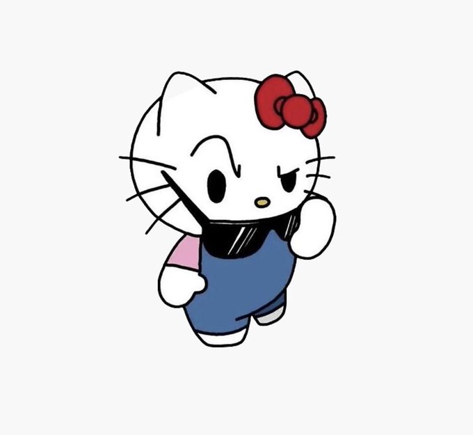A cartoon illustration of Hello Kitty depicted in a tough, edgy style with sunglasses, a red bow, and a blue outfit, set against a white background.