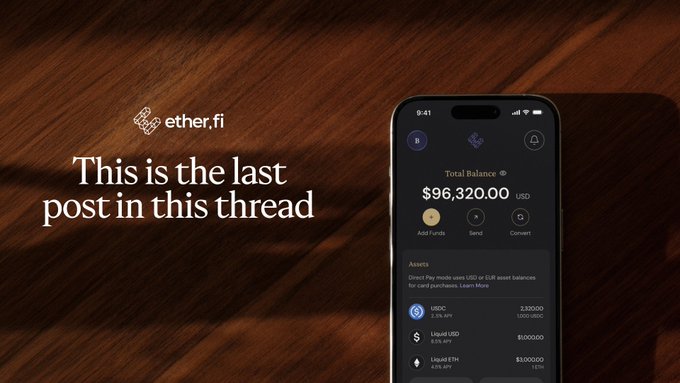 A promotional graphic shows an 'ether.fi' app interface displaying a Total Balance of '$96,320.00' on a smartphone next to the text 'This is the last post in this thread'.