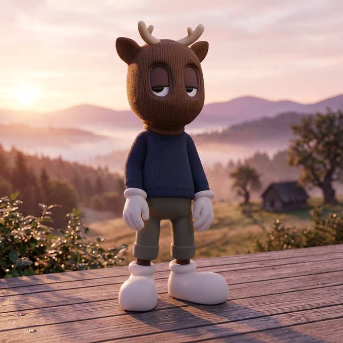 A 3D-rendered character wearing a brown knit deer hood, a blue sweater, white gloves, and boots stands on a wooden deck overlooking a misty mountain landscape at sunset.