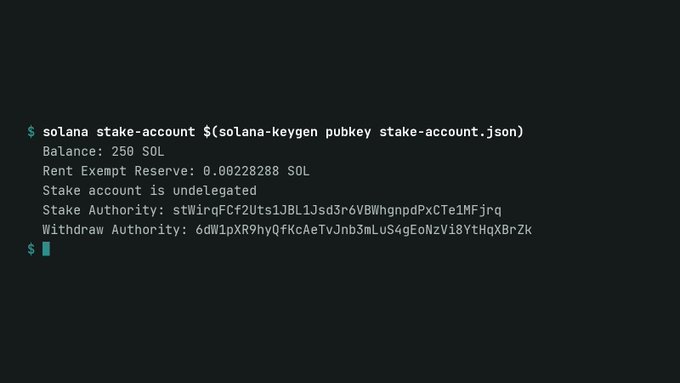 Terminal screenshot showing Solana CLI output: 'solana stake-account' command result with 'Balance: 250 SOL', 'Stake account is undelegated', along with Stake and Withdraw Authority public keys.