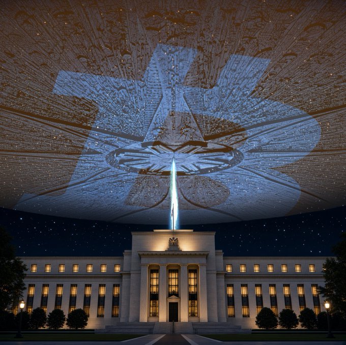 A surreal image shows a classical building at night beneath a massive, intricate space station or celestial structure in the sky.