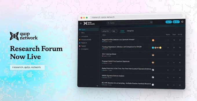 A promotional graphic for 'quip network' announcing their 'Research Forum Now Live' at research.quip.network, showing a screenshot of the forum interface with various research topics.
