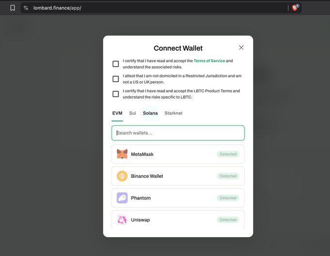 A "Connect Wallet" modal on lombard.finance/app displays checkboxes for terms of service and jurisdiction attestations, with wallet options like MetaMask, Binance Wallet, Phantom, and Uniswap listed as "Detected"—notably missing Ambire Wallet, which illustrates the user's complaint about limited wallet compatibility and the need for EIP-6963 support.