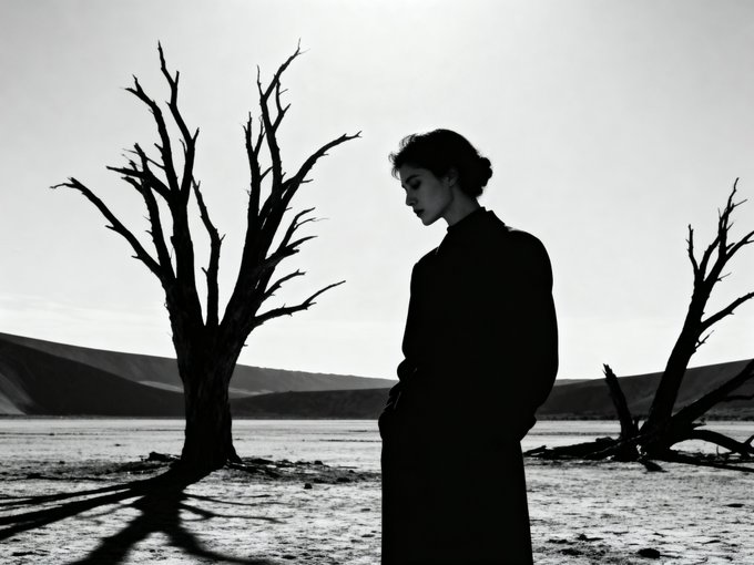 A black-and-white photograph of a woman in a long dark coat standing in a desolate landscape with two bare, dead trees in the background.
