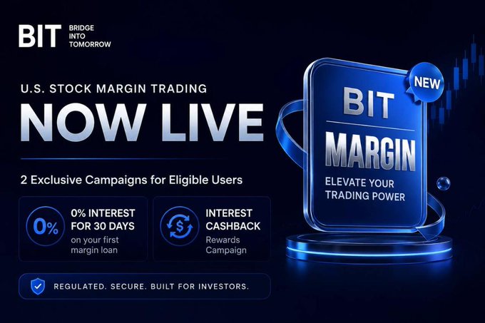 The image announces that "U.S. STOCK MARGIN TRADING" is "NOW LIVE" on BIT, along with two exclusive campaigns: "0% INTEREST FOR 30 DAYS" and "INTEREST CASHBACK". This relates to the post's mention of BIT's new U.S. Stock Margin Trading feature.