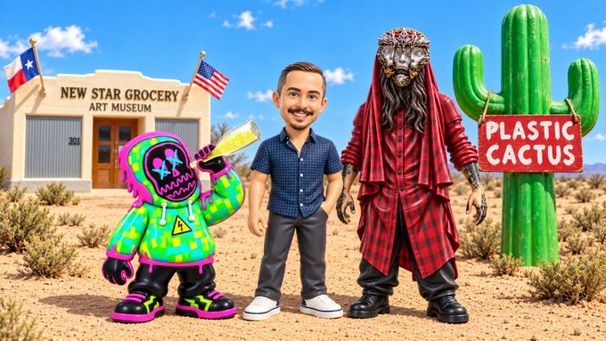 An AI-generated image shows a cartoonish character, a man in a denim shirt, and a dark-robed figure standing in front of a 'NEW STAR GROCERY ART MUSEUM' with a 'PLASTIC CACTUS' sign and American and Texas flags.