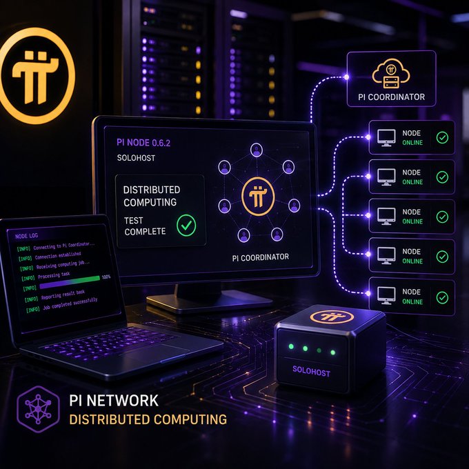 The image illustrates Pi Network's successful distributed computing test, showing a "PI NODE 0.6.2 SOLOHOST" dashboard displaying "DISTRIBUTED COMPUTING TEST COMPLETE" alongside a network topology connecting a PI COORDINATOR to five "NODE ONLINE" units, with a laptop showing a node log of the connection and processing flow. The accompanying text describes this milestone as Pi's initial distributed computing functionality test run through SoloHost with five volunteer Node runners, which the image visually confirms by depicting the coordinator-to-nodes connectivity flow.