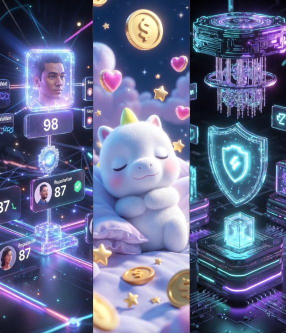 The image features a 3D rendering of a cartoon character named Quip, who appears to be sleeping with a pillow. The background of the image is black, which contrasts with the white character and the purple elements surrounding him. There are also gold coins scattered throughout the scene, adding an element of luxury or wealth. The post includes text that reads "@NucleusCodes is building the ultimate reputation layer turning your on chain and social history into real, verifiable creator scores".