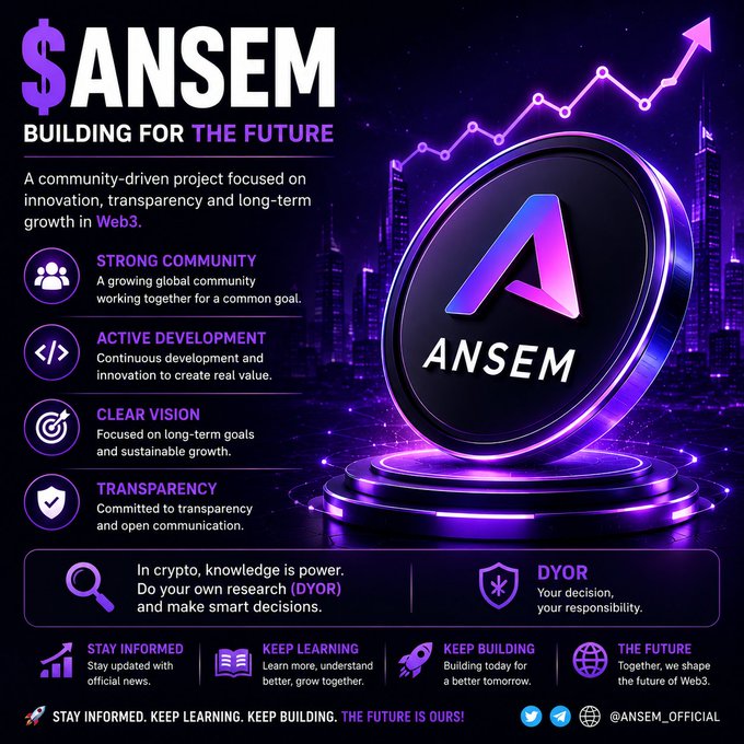 Promotional graphic for the '$ANSEM' crypto project with the slogan 'BUILDING FOR THE FUTURE', highlighting community, development, vision, and transparency, plus the handle '@ANSEM_OFFICIAL'.