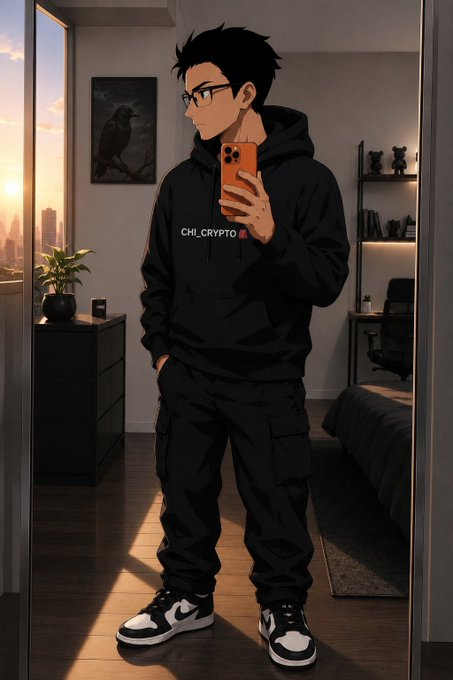 An anime-style illustration of a young man with glasses taking a mirror selfie in a bedroom, wearing a black tracksuit with 'CHI_CRYPTO' on the hoodie.