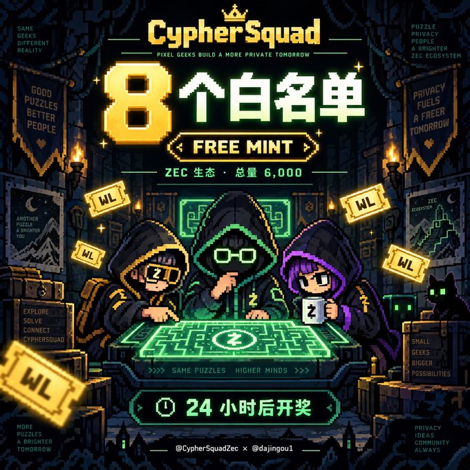 A pixel art promotional graphic for CypherSquad advertising '8个白名单' (8 whitelists) as a FREE MINT with a total supply of 6,000, featuring hooded characters and a countdown timer of '24 小时后开奖'.