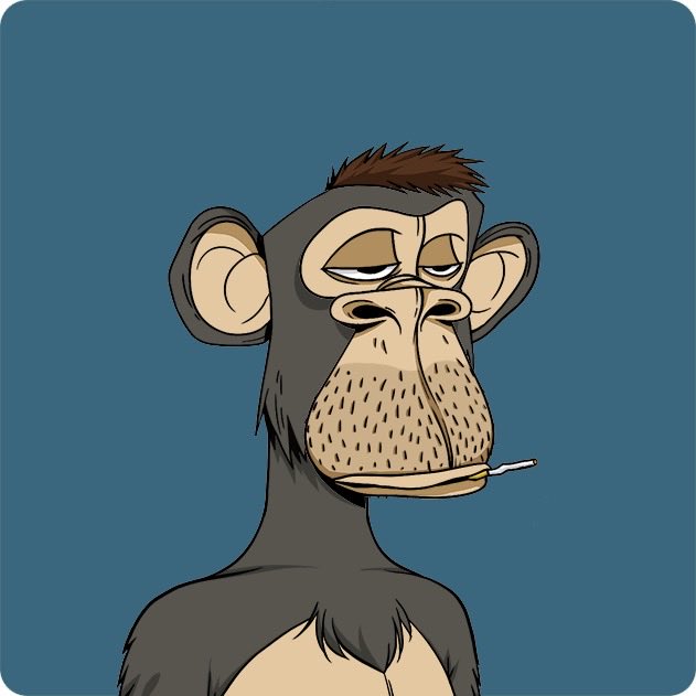 A digital illustration of a bored-looking Bored Ape-style monkey with a cigarette in its mouth against a solid blue background.