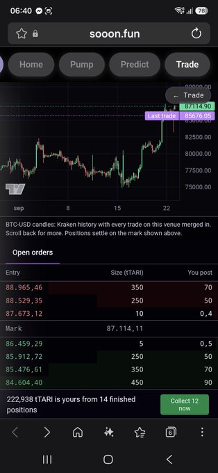 A screenshot from the sooon.fun mobile interface showing a BTC-USD Kraken candlestick chart with a 'Last trade' around $87,114.90, displaying a scrollable open order book with entries, sizes (tTARI), and a prompt to 'Collect 12 now' for 222.938 tTARI from finished positions.