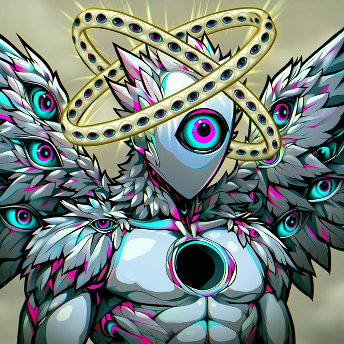 An artistic illustration of an angelic figure with multiple wings covered in glowing eyes, wearing a halo and a white/silver robotic body with a black void in its chest.