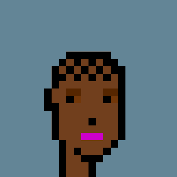 A pixel art portrait of a brown-skinned Cryptopunk with braided hair and pink lips against a blue background, representing Punk #1071 from the collection.
