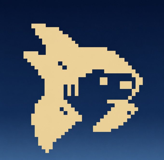 A pixel-art dinosaur silhouette in tan against a navy blue background, serving as a playful visual for Sharc's upcoming deployment to Arc mainnet. The minimalist retro design hints at the "Sharc" name (a play on "shark") while reinforcing the post's excited announcement about the project's imminent mainnet launch.